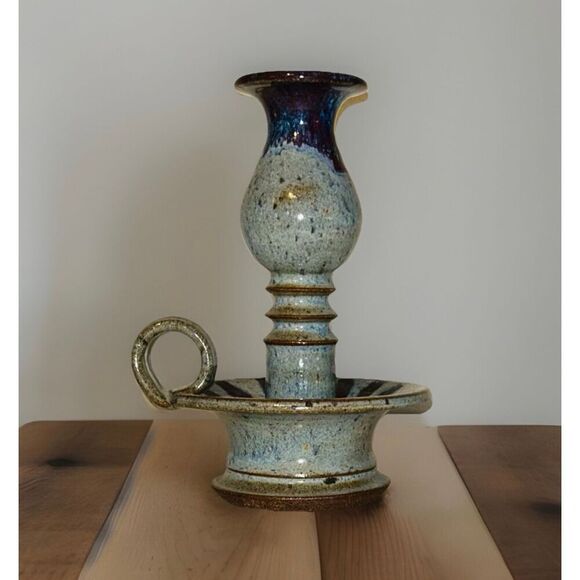 Vintage Mahon Made Stoneware Pottery Blue Drip Glaze Column Taper Candleholder - Picture 1 of 5